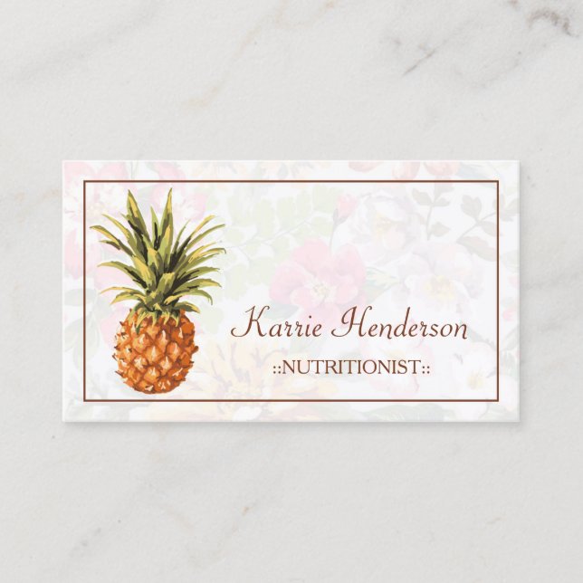 Elegant Tropical Floral and Pineapple Nutritionist Business Card (Front)