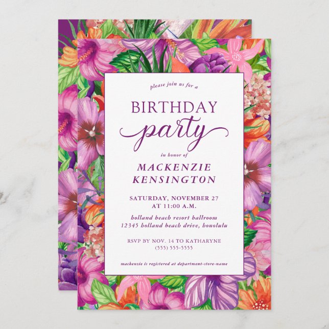 Elegant Tropical Floral Birthday Party Invitation (Front/Back)