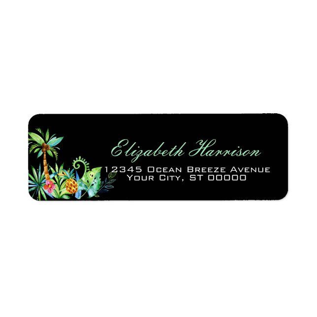 Elegant Tropical Floral Black Return Address (Front)