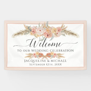 Elegant Tropical Floral Blush Peach Pampas Wedding Banner