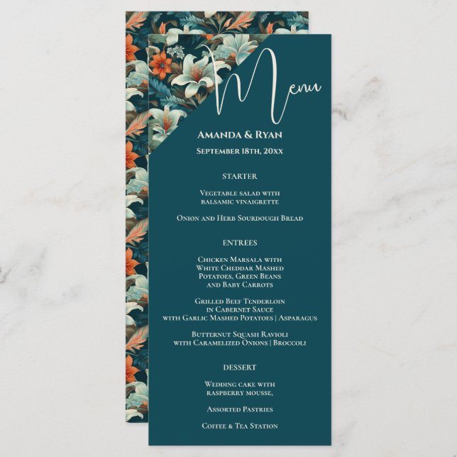 Elegant Tropical Floral Flower Wedding Menu (Front/Back)