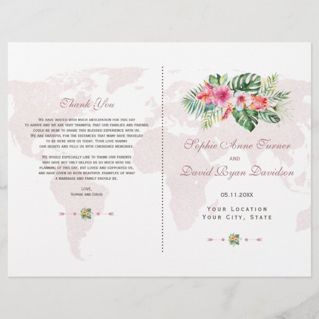 Elegant Tropical Floral Gold World Map Program (Front)