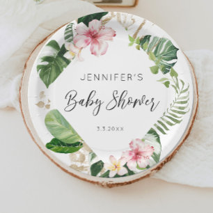 Elegant tropical floral hibiscus baby shower paper plate
