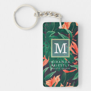 Elegant Tropical Floral Modern Gold Frame Monogram Key Ring