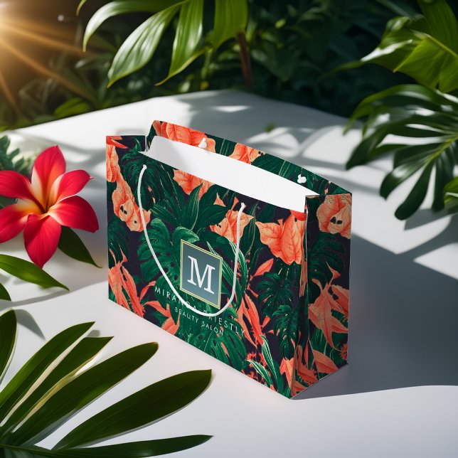 Elegant Tropical Floral Modern Gold Frame Monogram Large Gift Bag (Creator Uploaded)