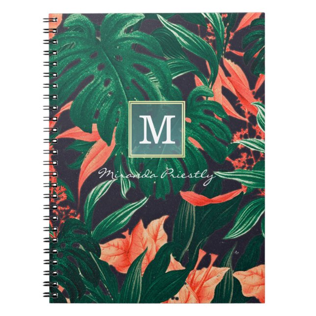 Elegant Tropical Floral Modern Gold Frame Monogram Spiral Notebook (Front)