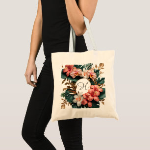 Elegant Tropical Floral Monogram Canvas Tote Bag