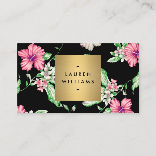 Elegant Tropical Floral Pattern on Black Business Card (Front)