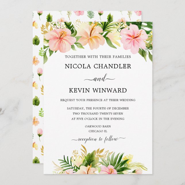 Elegant Tropical Floral Wedding Invitation (Front/Back)