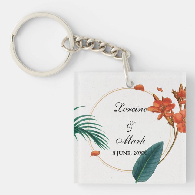Elegant Tropical Floral Wedding Key Ring (Front)