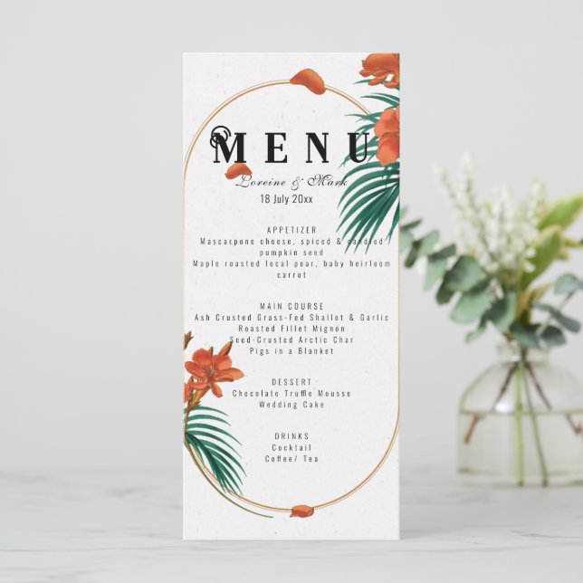 Elegant Tropical Floral Wedding Menu (Standing Front)