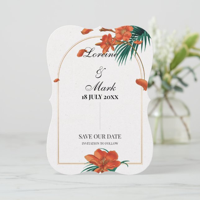 Elegant Tropical Floral Wedding Save The Date (Standing Front)