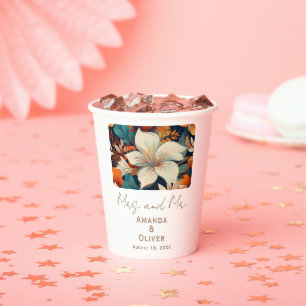 Elegant Tropical Flowers Mrs Mr Floral Wedding Paper Cups