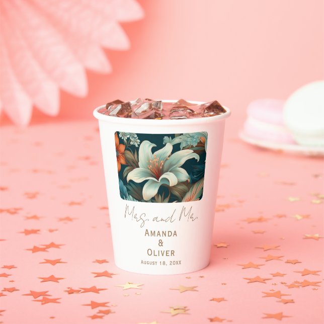 Elegant Tropical Flowers Mrs Mr Floral Wedding Paper Cups (Insitu)