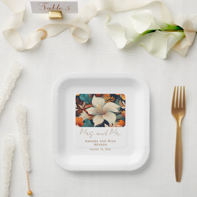 Elegant Tropical Flowers Mrs Mr Floral Wedding Paper Plate (Wedding)