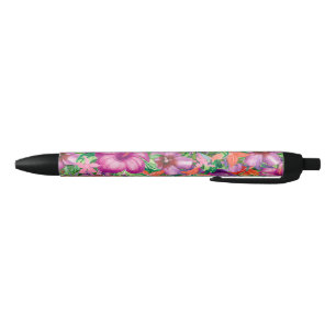 Elegant Tropical Flowers Pattern Black Ink Pen