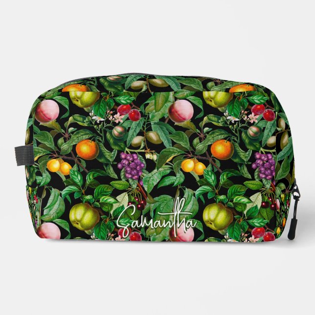 Elegant tropical fruits black pattern monogram dopp kit (Front)