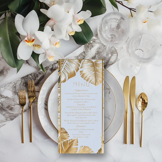 Elegant Tropical Gilded Gold Monstera Wedding  Menu (Stylish Formal Tropical Gilded Gold Monstera Leaf Wedding Menu)