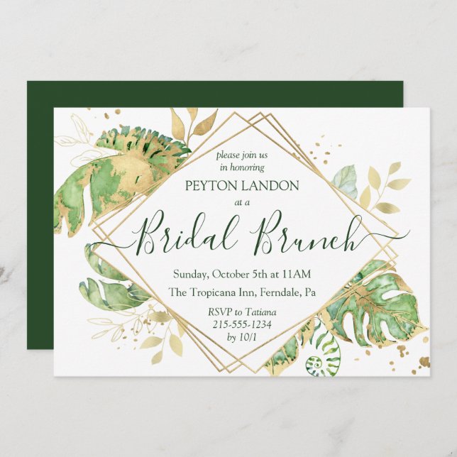 Elegant Tropical Gold Bridal Brunch Shower Invitation (Front/Back)