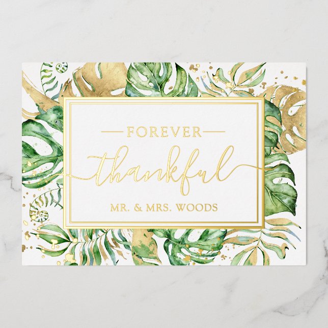 Elegant Tropical Gold Foil Wedding Thank You Card (Front)