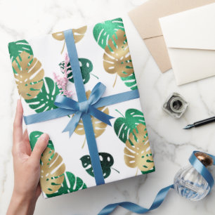 Elegant Tropical Gold & Green Monstera Leaves Wrapping Paper