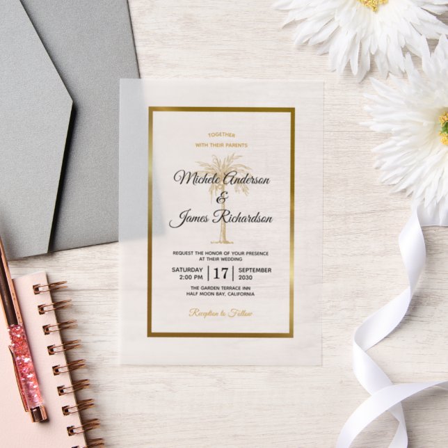 Elegant Tropical Gold Palm Tree Beach Wedding Vellum Invitations (Wedding)