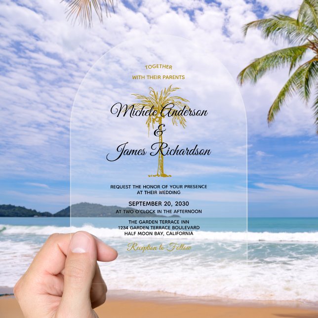 Elegant Tropical Gold Palm Tree Wedding Acrylic Invitations (Elegant Tropical Gold Palm Tree Wedding Acrylic Invitations)
