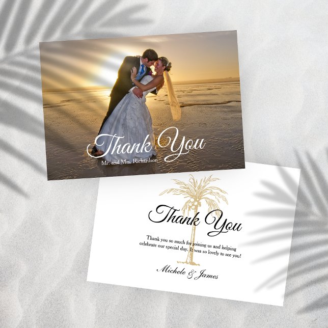 Elegant Tropical Gold Palm Tree Wedding Photo Thank You Card (Elegant Tropical Gold Palm Tree Wedding Photo Thank You Card)