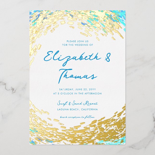 Elegant Tropical Gold Surfer Wave Beach Wedding (Front)