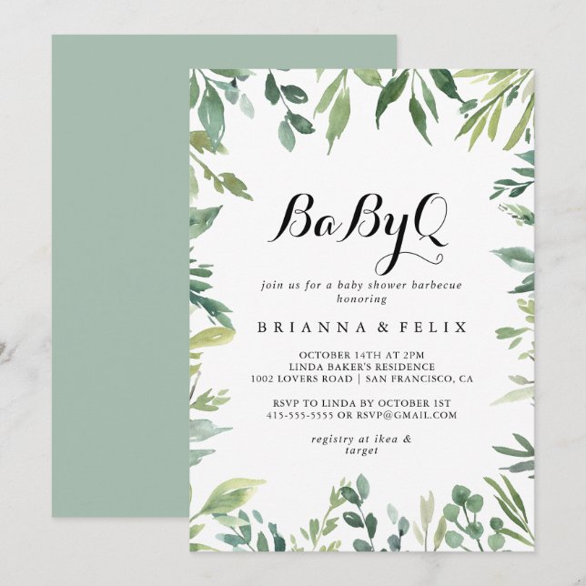 Elegant Tropical Green BabyQ Baby Shower Barbecue Invitation (Front/Back)