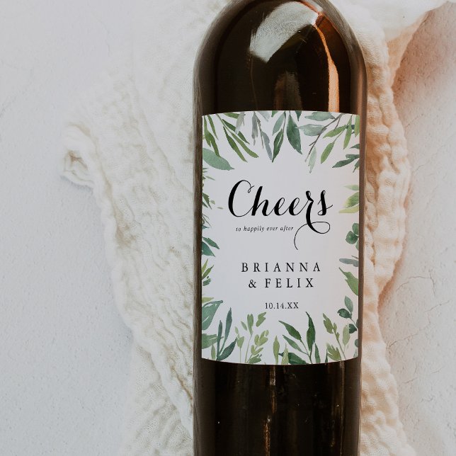 Elegant Tropical Green Cheers Wedding Wine Labels (Creator Uploaded)