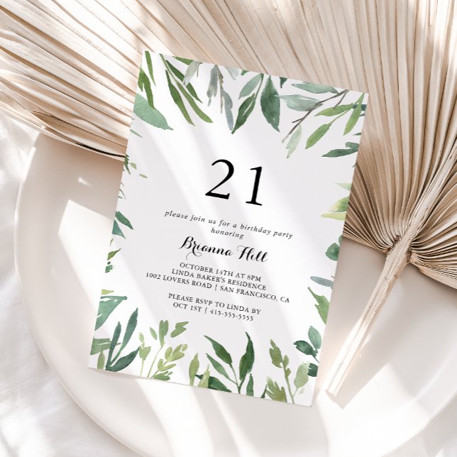 Elegant Tropical Green Foliage 21st Birthday Party Invitation (Creator Uploaded)