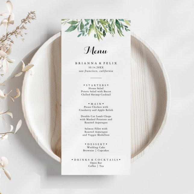 Elegant Tropical Green Foliage Calligraphy Dinner Menu (Creator Uploaded)