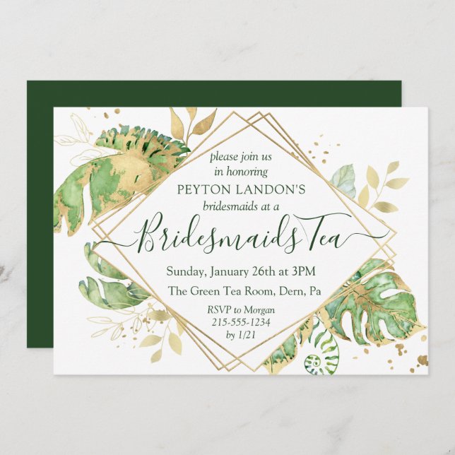 Elegant Tropical Green & Gold Bridesmaid Tea Party Invitation (Front/Back)