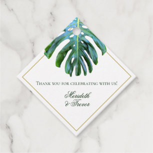 Elegant Tropical Green Gold Monstera Leaf Favour Tags