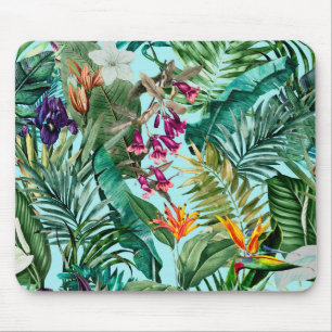 Elegant tropical green leaves floral aqua pattern mouse pad