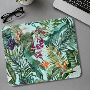 Elegant tropical green leaves floral aqua pattern mouse pad