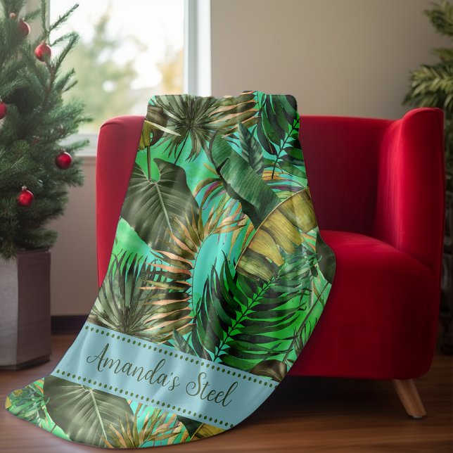 Elegant tropical green leaves yellow blue fleece blanket (Creator Uploaded)