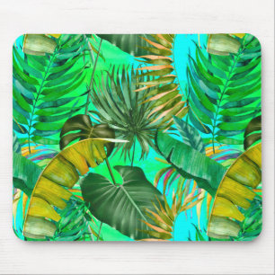 Elegant tropical green leaves yellow blue pattern mouse pad