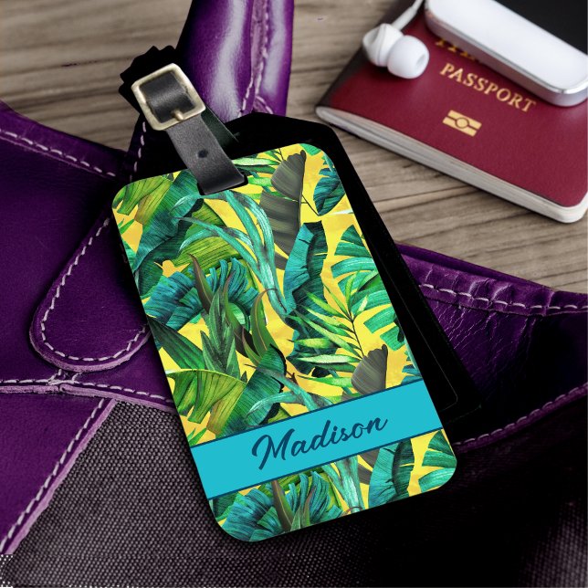 Elegant tropical green leaves yellow pattern luggage tag (Creator Uploaded)