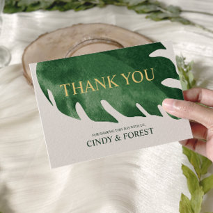 Elegant Tropical Green Monstera Leaf Wedding Thank You Card
