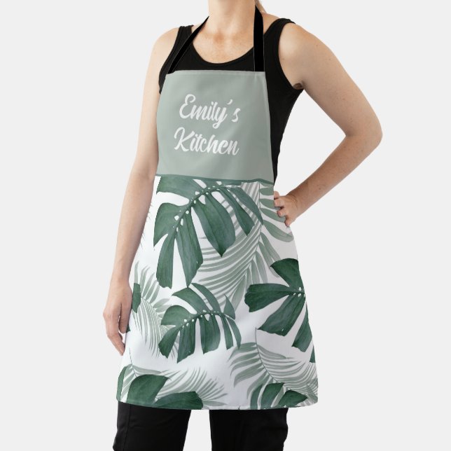 Elegant Tropical Green Palm Leaf Kitchen Apron (Insitu)