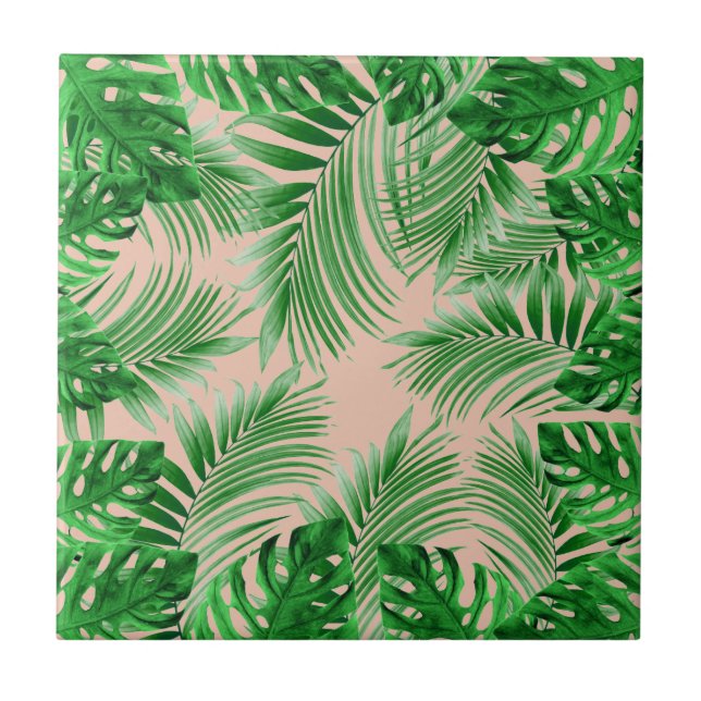 Elegant Tropical green palm leaves pattern pink ba Tile (Front)