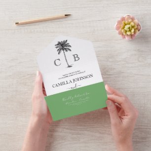 Elegant Tropical Green Palm Monograms Wedding All In One Invitation