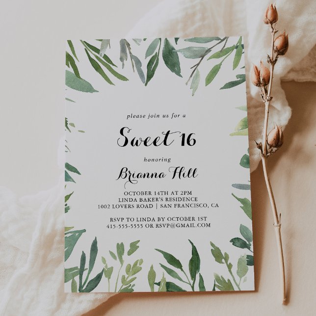 Elegant Tropical Green Sweet 16 Birthday Party Invitation (Creator Uploaded)