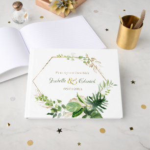 Elegant Tropical Green Watercolor Monstera Leaves Guest Book