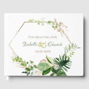 Elegant Tropical Green Watercolor Monstera Leaves Guest Book