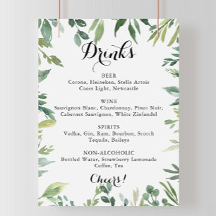 Elegant Tropical Green Wedding Drinks Menu Sign