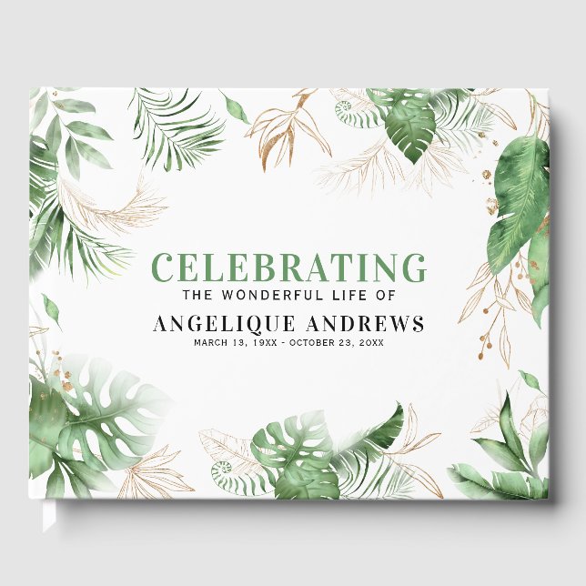 Elegant Tropical Greenery & Gold Sympathy Guest Book (Front)