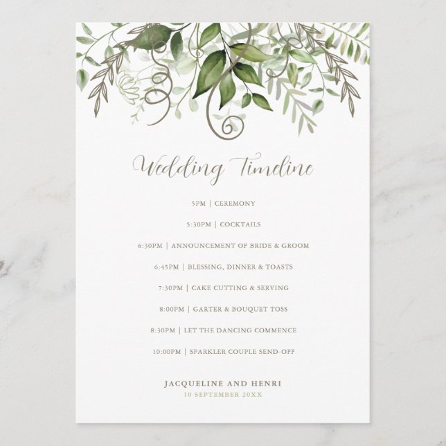 Elegant Tropical Greenery Wedding Timeline Programme (Front)